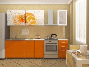 Кухонный гарнитур 1,6м Апельсин (Белый/Оранжевый металлик/Фотопечать апельсин) в Шайдурово - shajdurovo.mebel54.com | фото